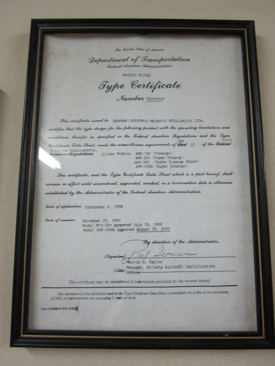 The US Type Certificate for the Ximango - Ximango AMT-100, AMT-200, AMT ...